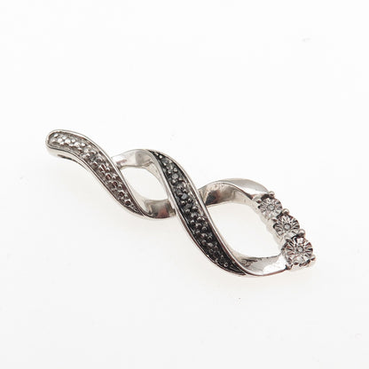 925 Sterling Silver Real Black & White Diamond Twisted Slide Charm Pendant
