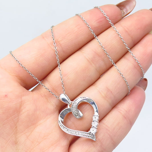 925 Sterling Silver Italy Real White Diamond Open Heart Rolo Chain Necklace 19"