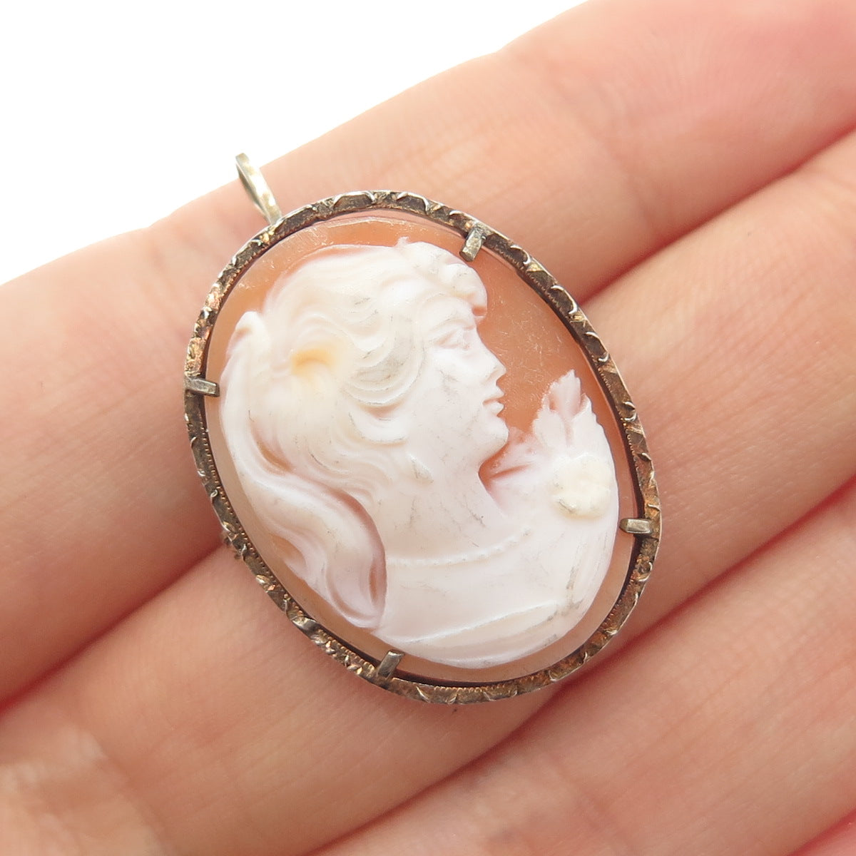 800 Silver Gold Filled Antique European Real MOP Lady Cameo Pin Brooch / Pendant