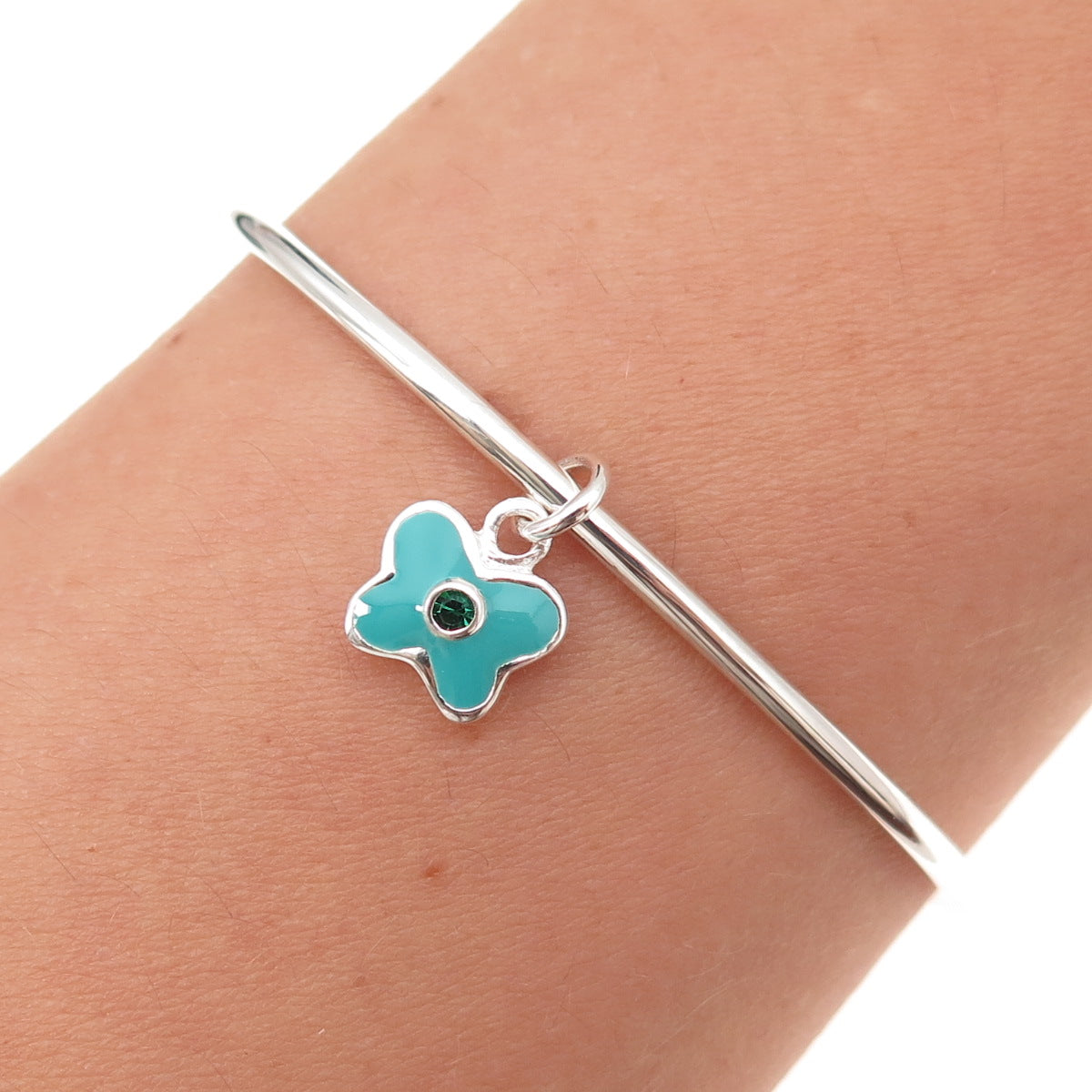 925 Sterling Silver Enamel Green Crystal Butterfly Adjustable Bracelet 5.75"