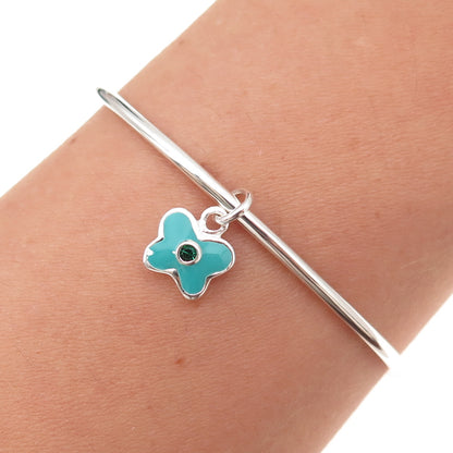 925 Sterling Silver Enamel Green Crystal Butterfly Adjustable Bracelet 5.75"