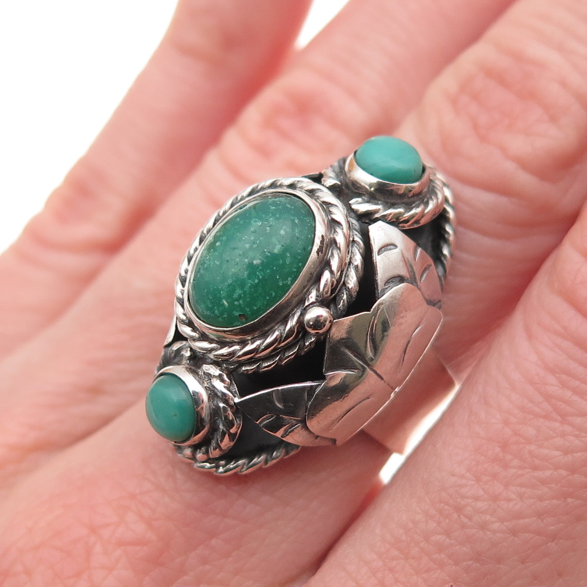 925 Sterling Vintage Mexico Amazonite Turquoise Adjustable Poison Ring Size 7.25