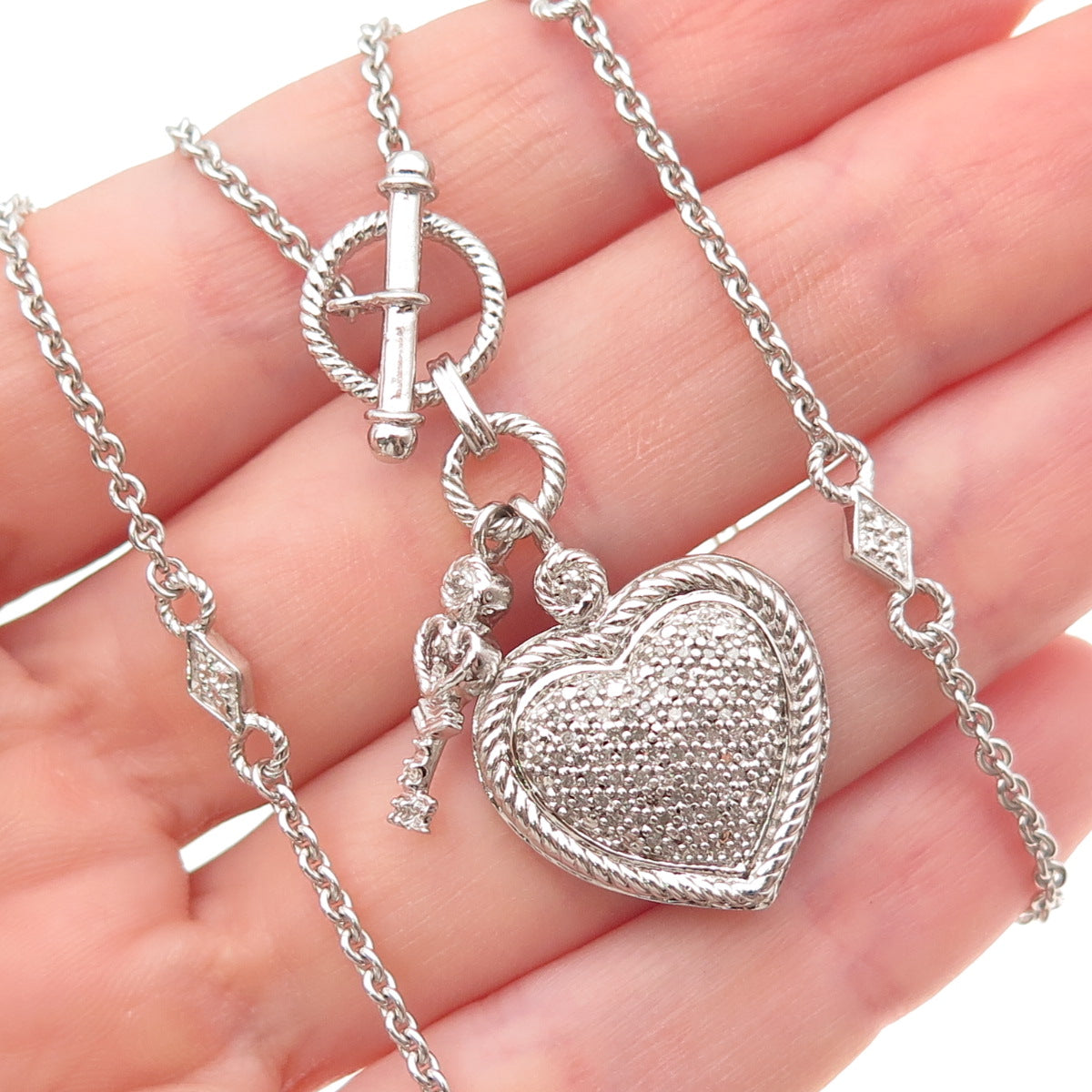 925 Sterling Silver Real Round-Cut Diamond Heart & Key Chain Necklace 18"
