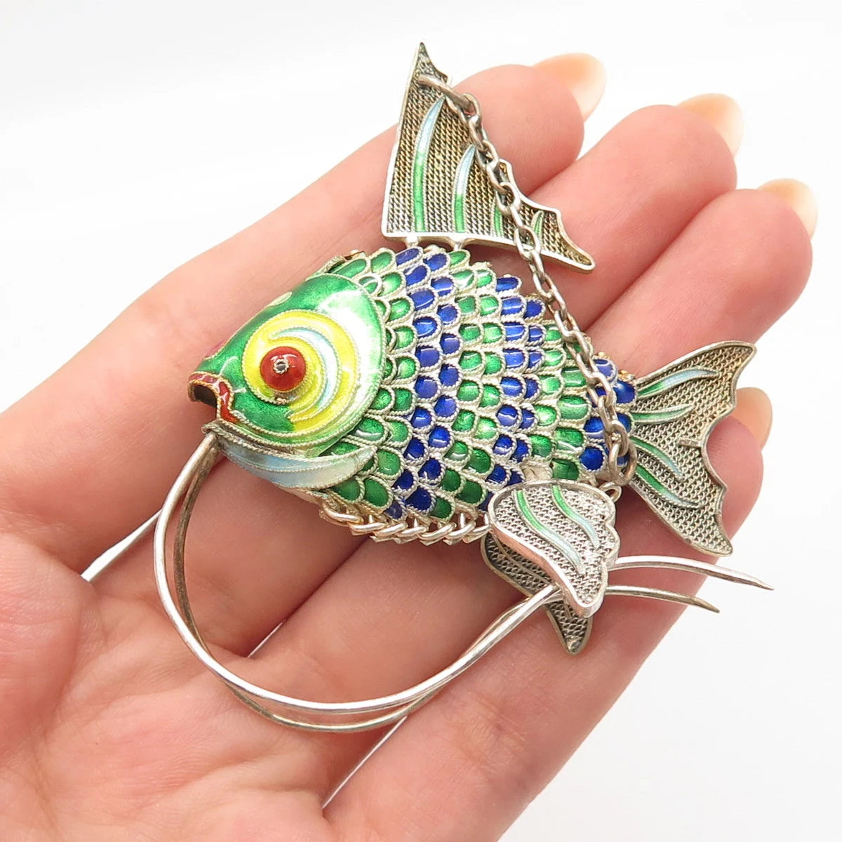 925 Sterling Silver Enamel Antique Articulated Chinese Koi Fish Chatelaine Fob