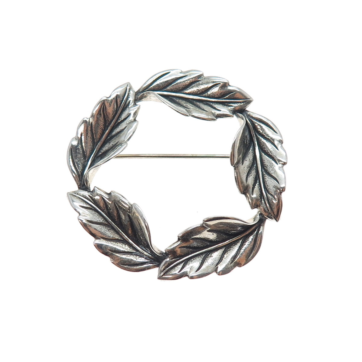 BEAU 925 Sterling Silver Vintage Floral Leaf Circle of Life Oxidized Pin Brooch