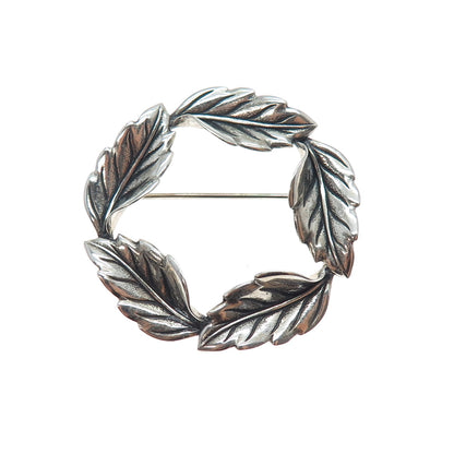 BEAU 925 Sterling Silver Vintage Floral Leaf Circle of Life Oxidized Pin Brooch