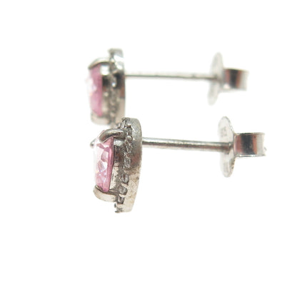 925 Sterling Silver Heart & Round-Cut Pink White C Z Stud Earrings