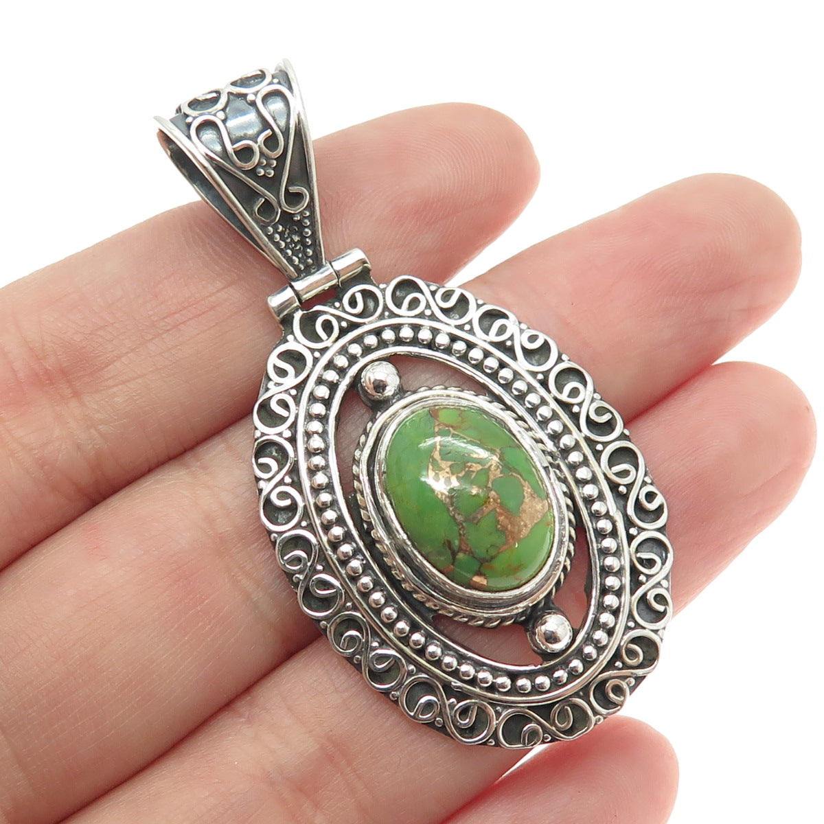 925 Sterling Silver Vintage Real Lime Green Turquoise Swirl Oxidized Pendant