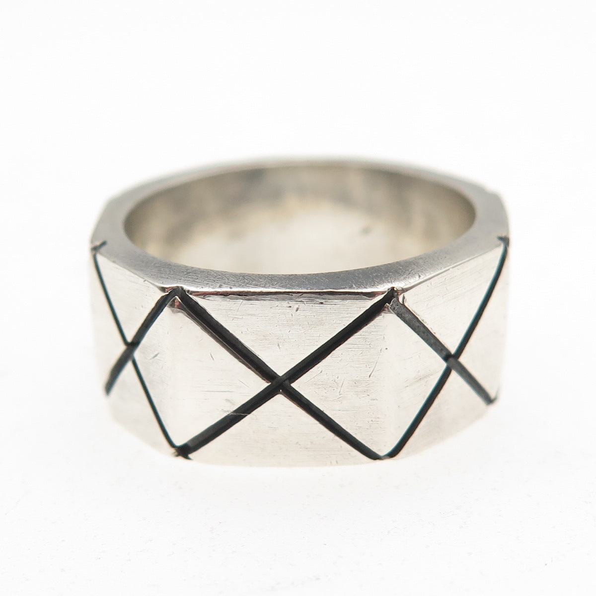 925 Sterling Silver Vintage Mexico X-Shape Oxidized Band Ring Size 7.5