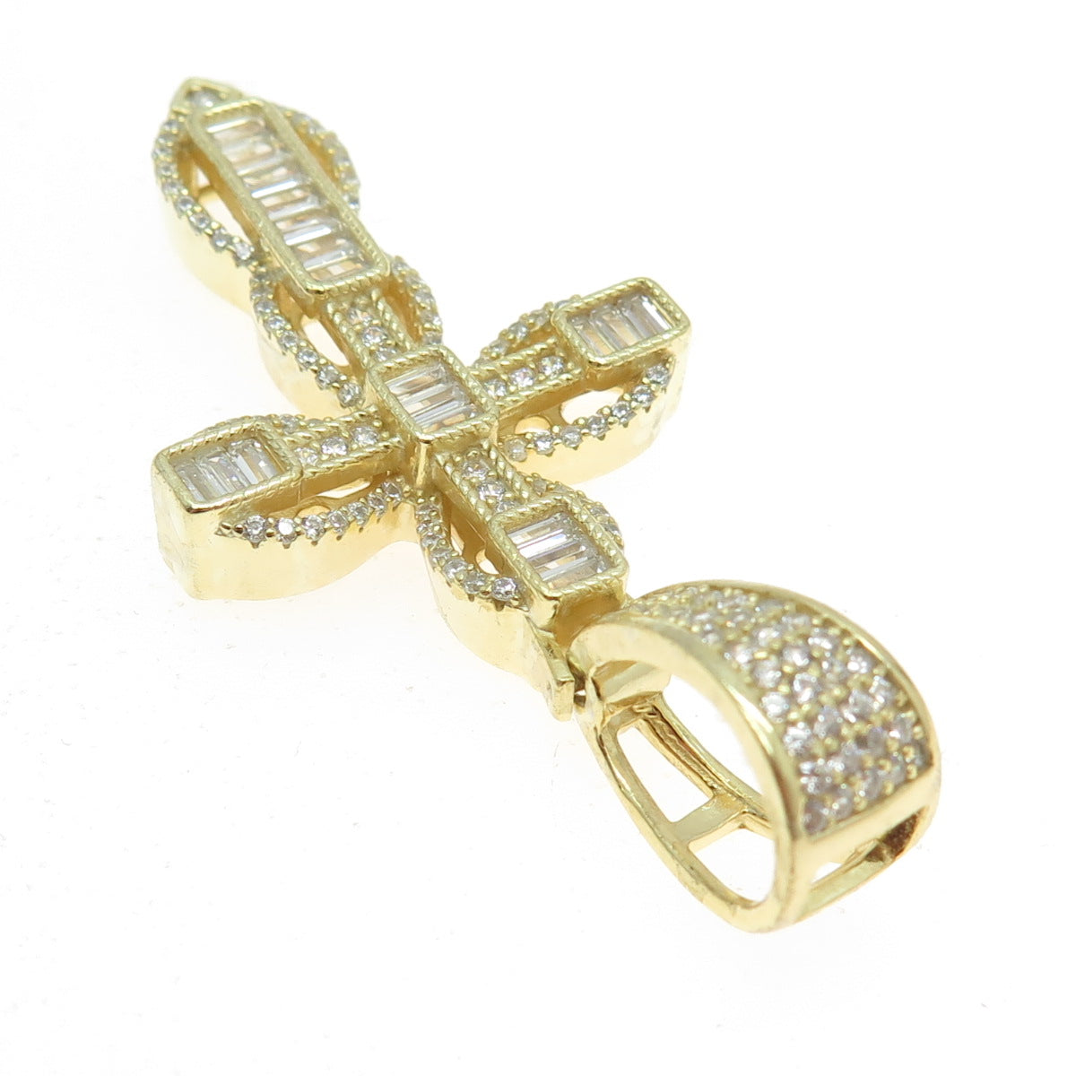 925 Sterling Silver Gold Plated Baguette & Round-Cut Cross Pendant