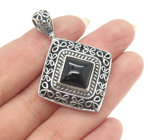 925 Sterling Silver Vintage Real Black Onyx Floral Pendant