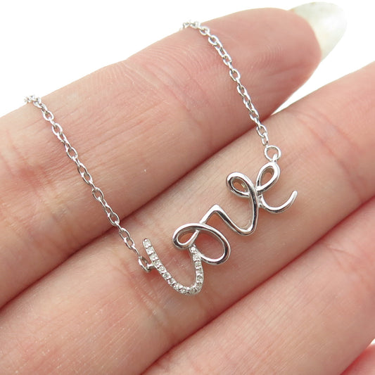 SUN 925 Sterling Silver Real Round-Cut Diamond "LOVE" Chain Necklace 16-18"