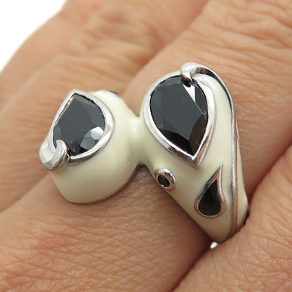 EMA 925 Sterling Silver Enamel & Black Spinel Modernist Bypass Ring Size 8