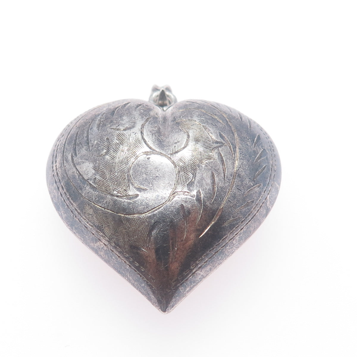 925 Sterling Silver Vintage Engraved Puffy Heart Oxidized Charm Pendant