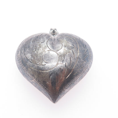 925 Sterling Silver Vintage Engraved Puffy Heart Oxidized Charm Pendant