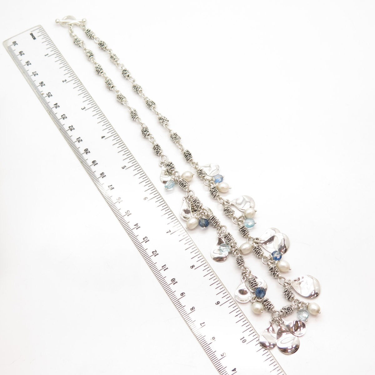925 Sterling Silver Vintage M. Dawkins Real Pearl & Topaz Gem Chain Necklace 20"