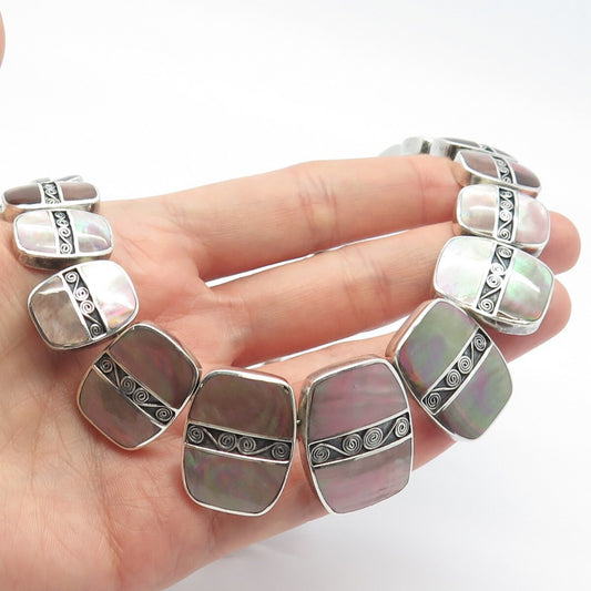 Sterling Silver Vintage ACLEONI Real Mother-of-Pearl Swirl Slide Necklace 16"