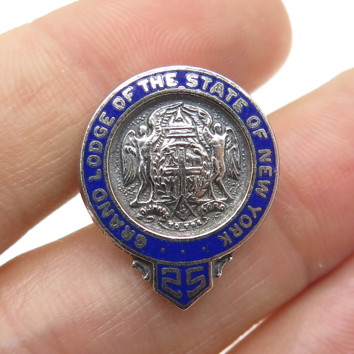 925 Sterling 2-Tone Vintage Enamel Grand Lodge of the State of NY 25 Years Pin