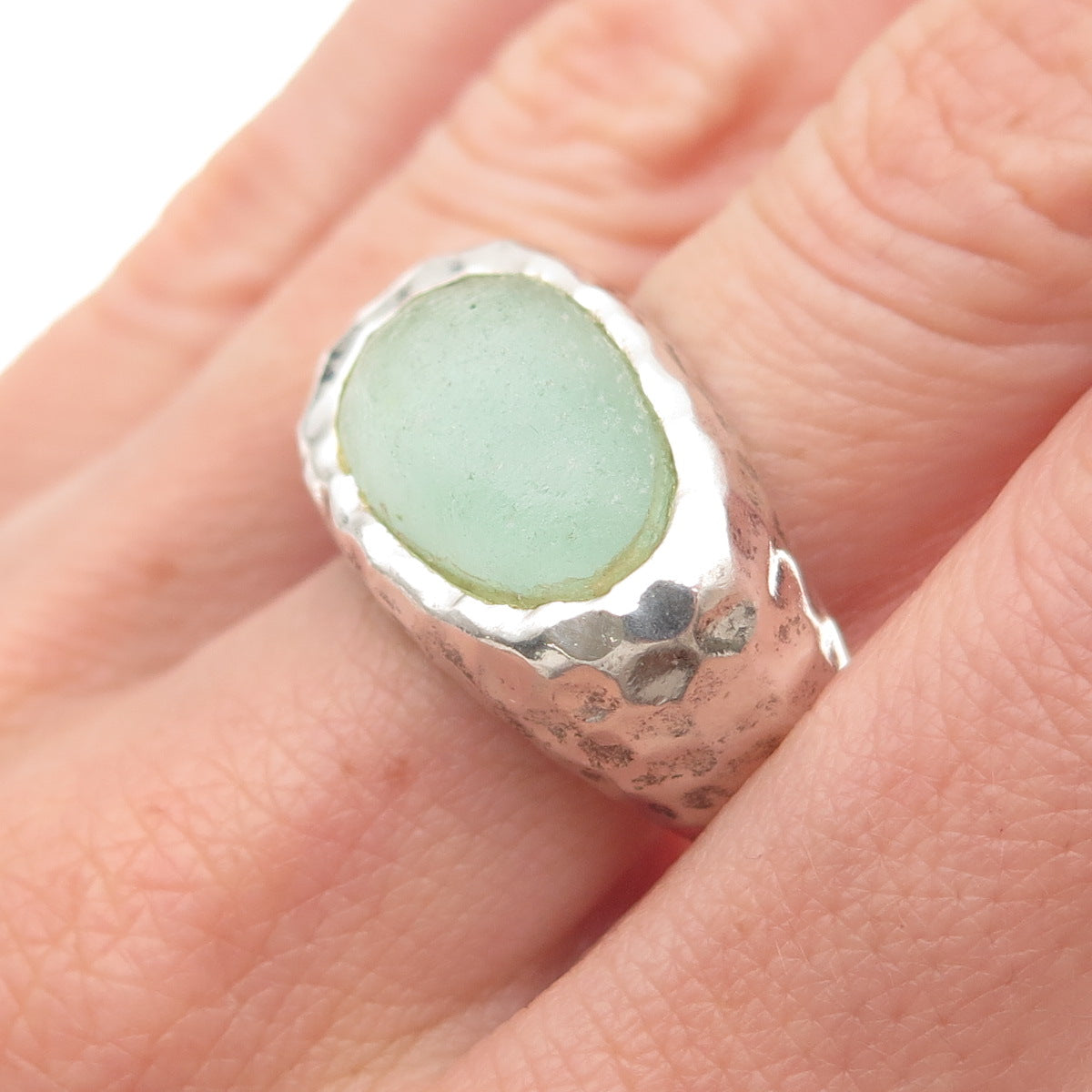 925 Sterling Silver Vintage Israel Roman Glass Modernist Hammered Ring Size 9