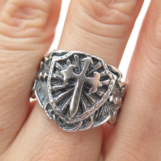 925 Sterling Silver Vintage Knight Sword & Shield Oxidized Ring Size 10.25