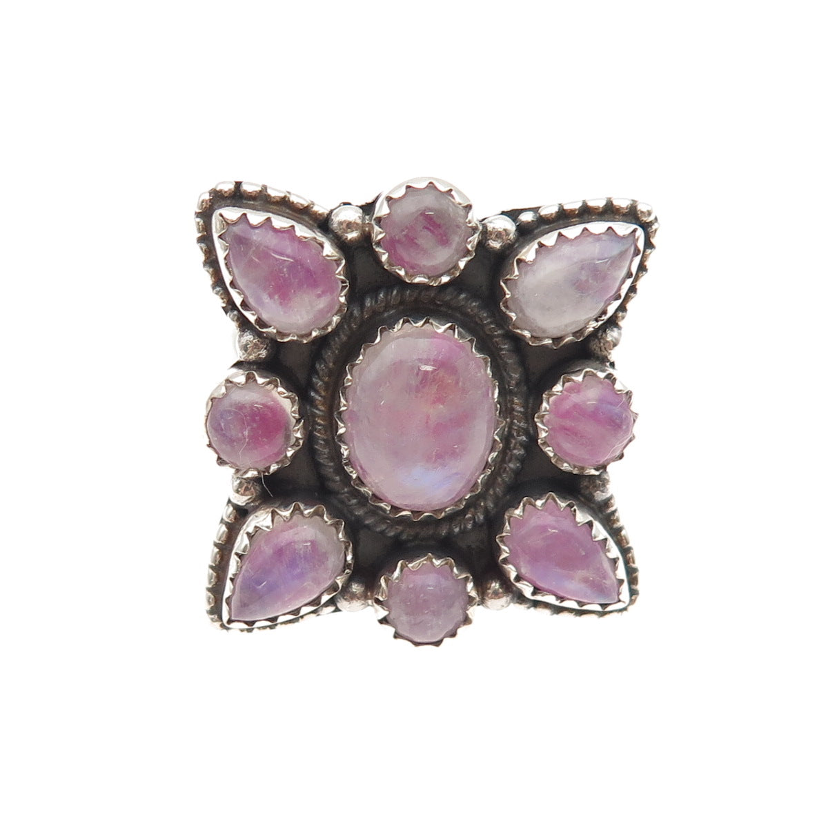925 Sterling Silver Vintage Real Pink Moonstone Adjustable Ring Size 8.75