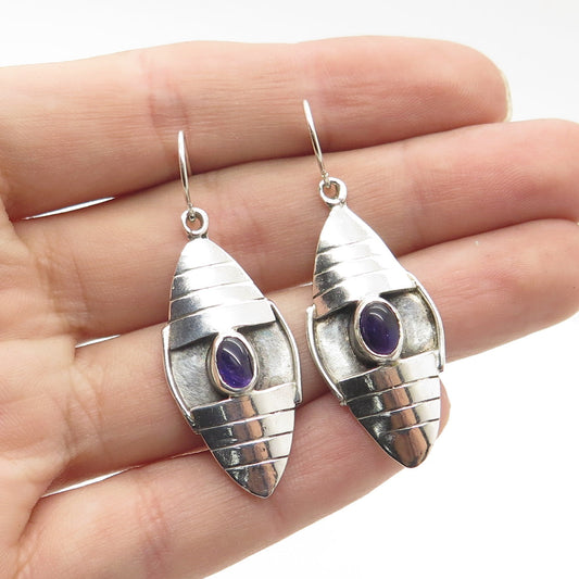 925 Sterling Silver Vintage Real Amethyst Gem Tribal Dangling Earrings