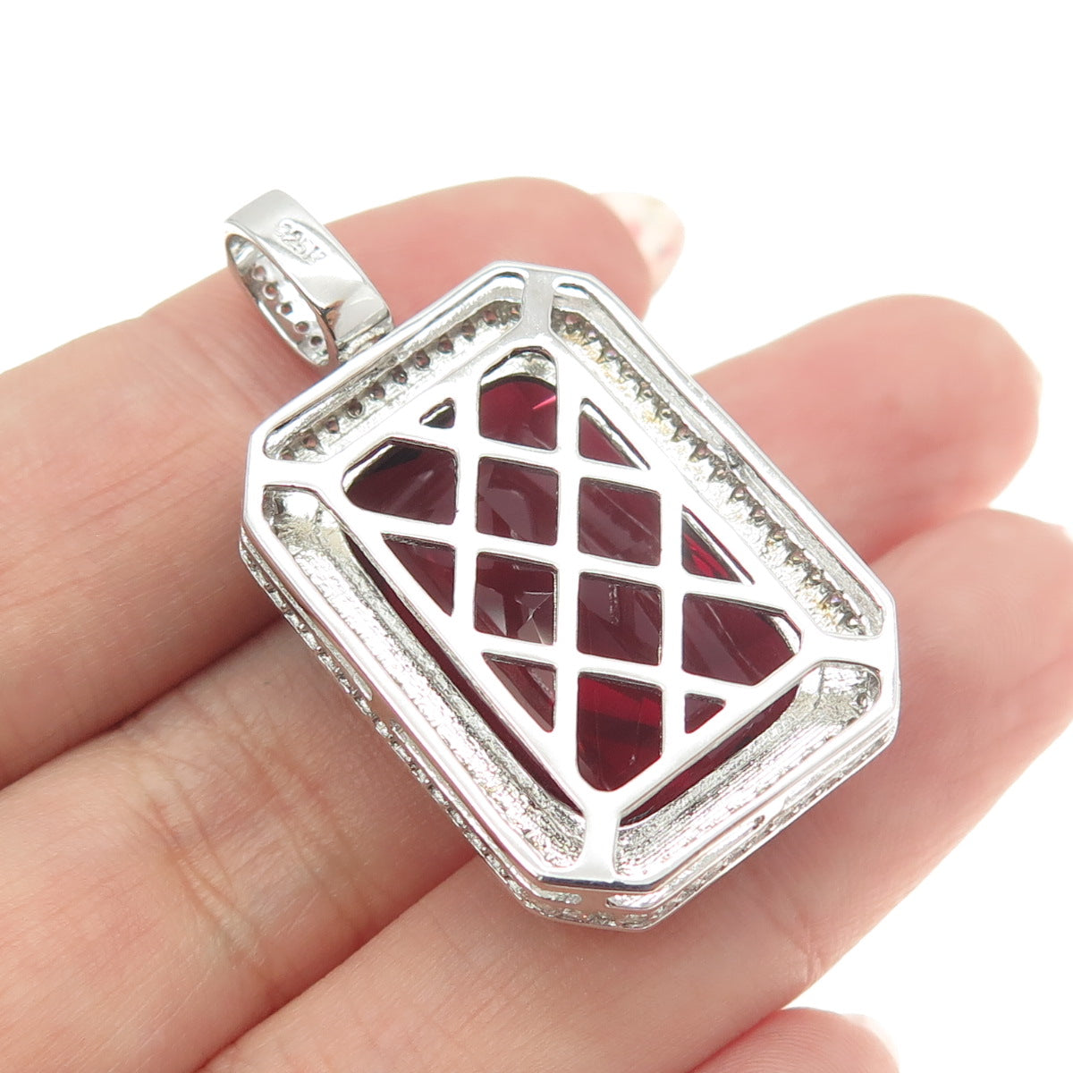 925 Sterling Silver Radiant-Cut Red Glass & Round-Cut C Z Pendant