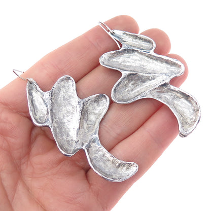 925 Sterling Silver Vintage Amethyst Modernist Zig Zag Oxidized Dangle Earrings