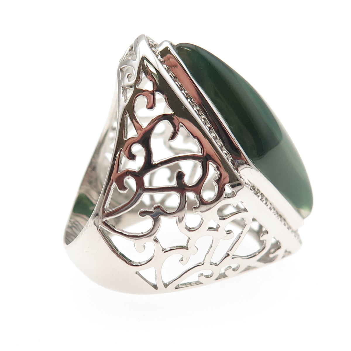 Ken Crafts 925 Sterling Silver Real Green Agate Floral Scroll Ring Size 7.5