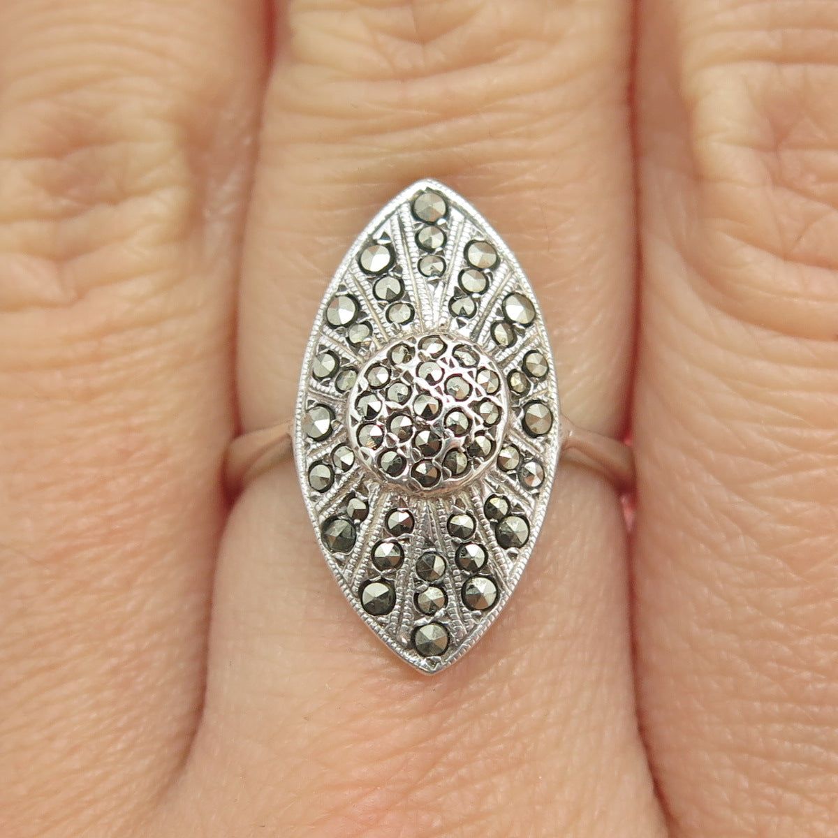 925 Sterling Silver Antique Art Deco Real Marcasite Gemstone Ring Size 7.25