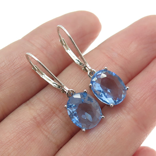 925 Sterling Silver Oval-Cut Blue C Z Dangle Earrings