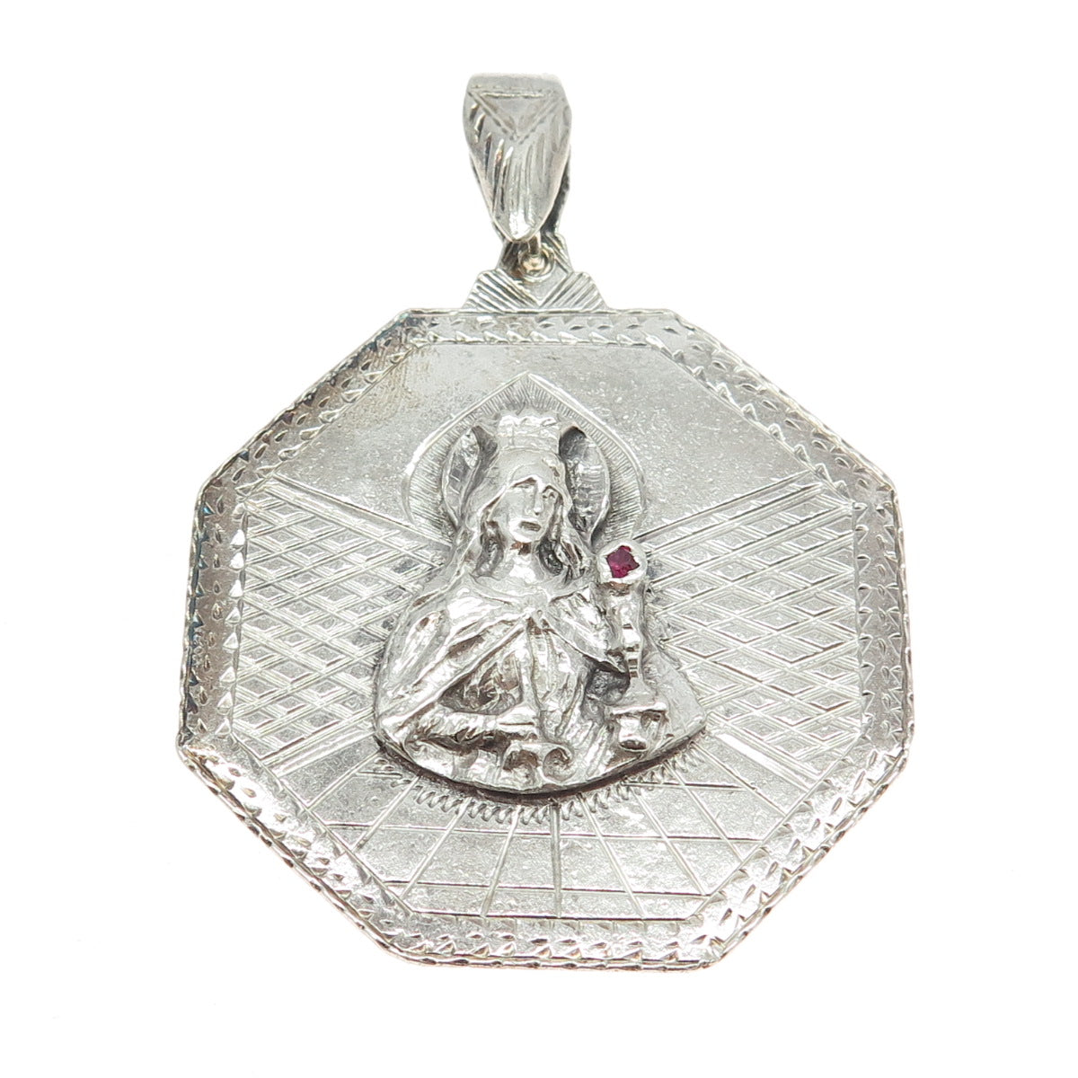 925 Sterling Silver Vintage Pink Rhinestone St. Barbara Religious Pendant