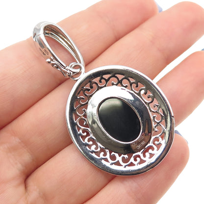 925 Sterling Silver Vintage Real Black Onyx Beaded Ornate Pendant