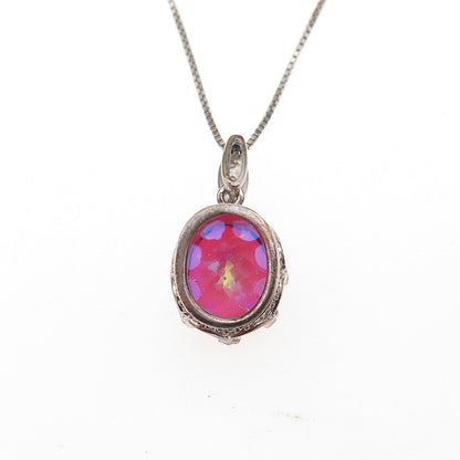 925 Sterling Silver Real Diamond & Mystic Red Crystal Box Chain Necklace 18"
