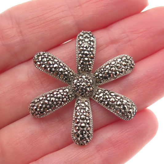 925 Sterling Silver Vintage Real Marcasite Floral Oxidized Pin Brooch