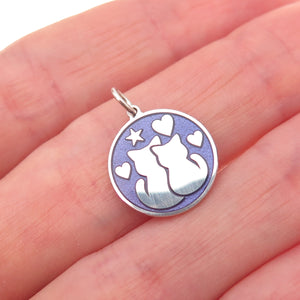 925 Sterling Silver Purple Enamel Cat Couple Charm Pendant
