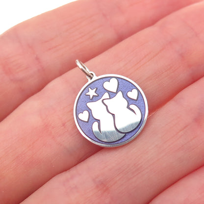 925 Sterling Silver Purple Enamel Cat Couple Charm Pendant
