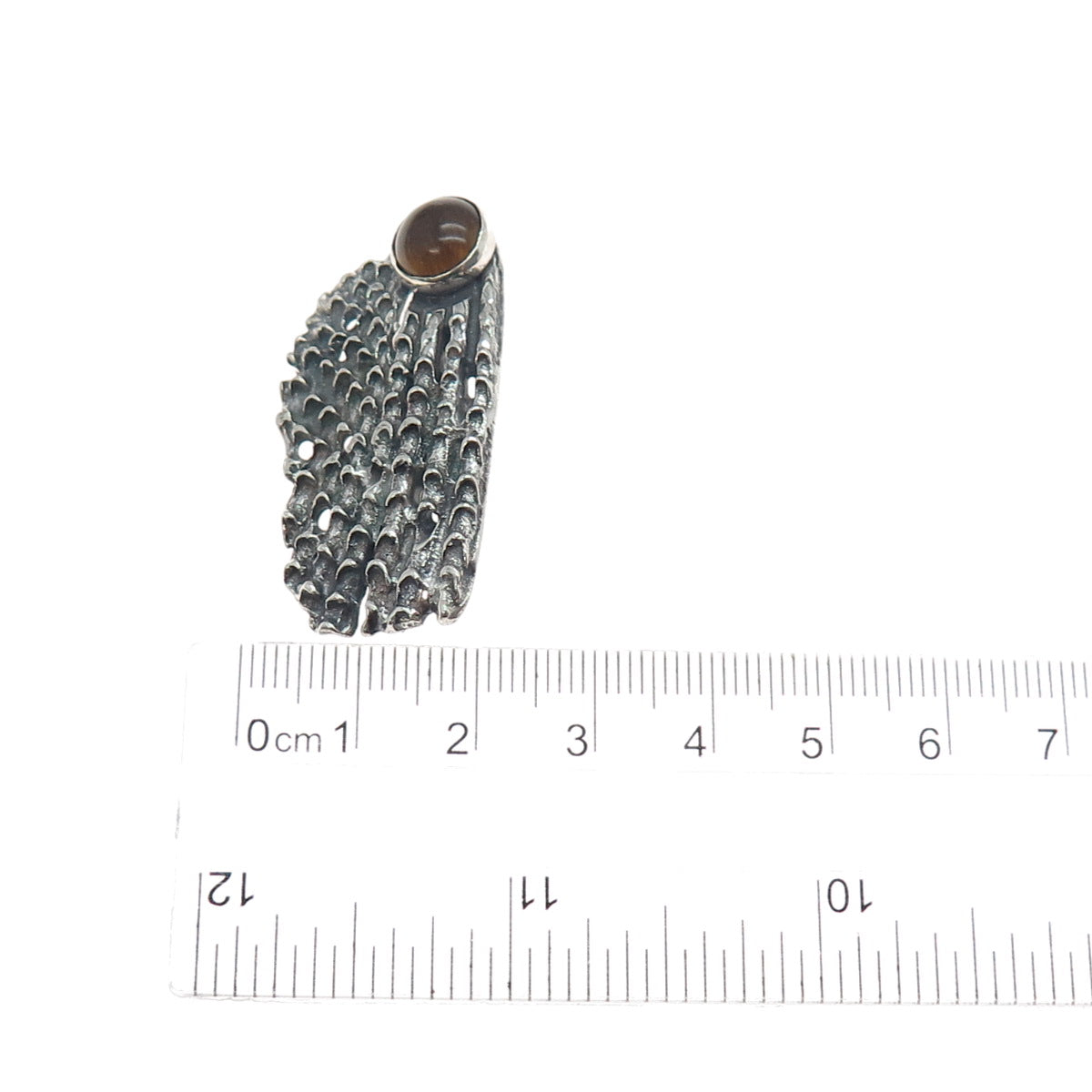 925 Sterling Silver Vintage Real Tiger Eye Modernist Oxidized Pin Brooch