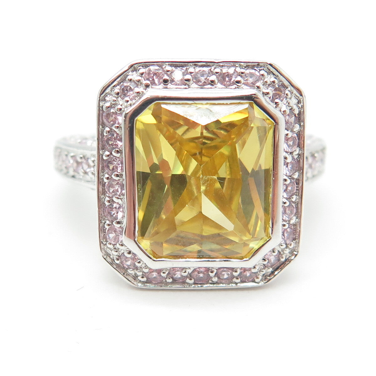 925 Sterling Silver Canary & Pink C Z Bohemian Ring Size 8