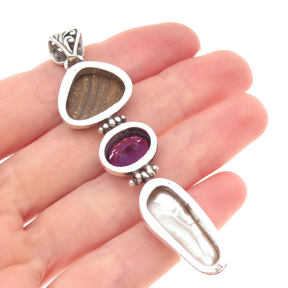 925 Sterling Silver Vintage Real Pearl Opal Lab-Created Peacock Sapphire Pendant