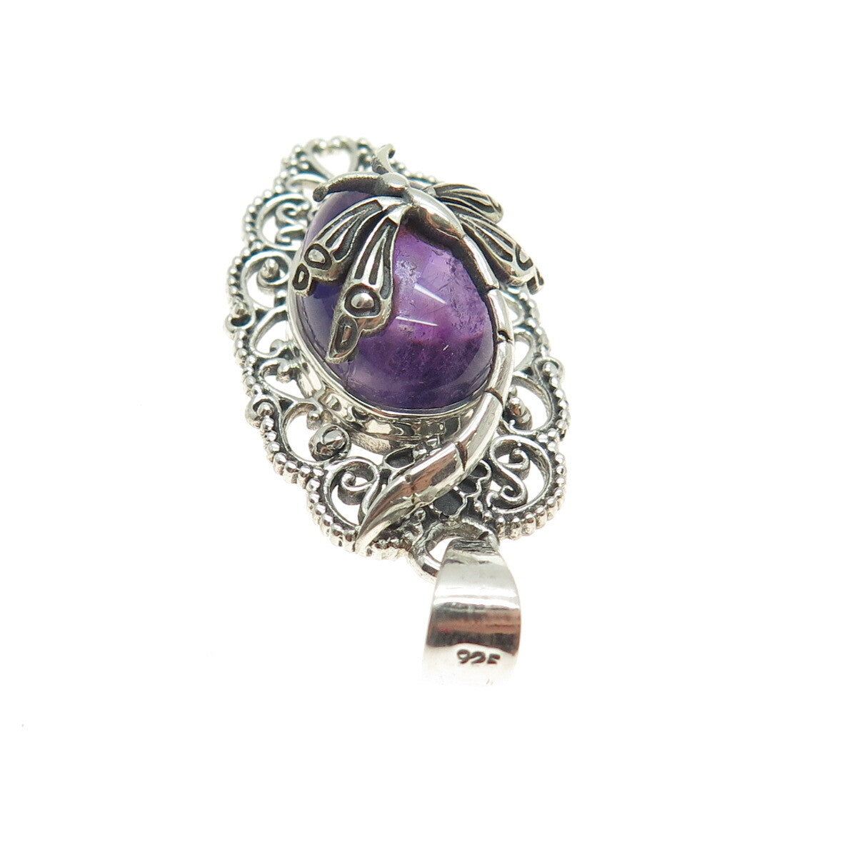 925 Sterling Silver Vintage Real Amethyst Dragonfly Oxidized Pendant