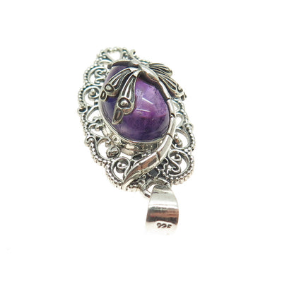925 Sterling Silver Vintage Real Amethyst Dragonfly Oxidized Pendant