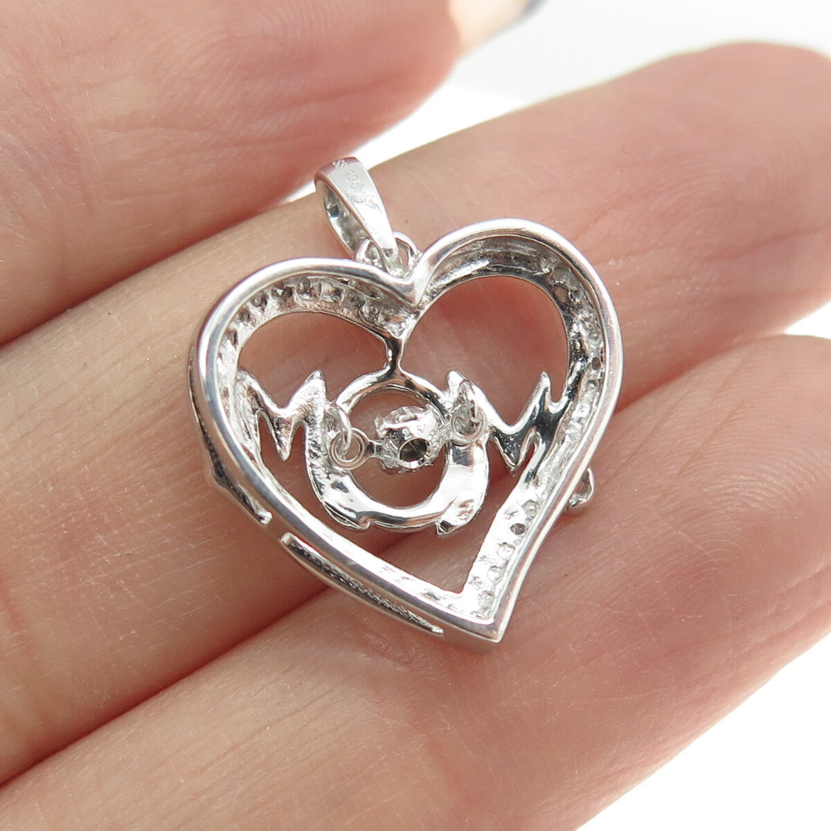 925 Sterling Silver Real Round-Cut Diamond "MOM" Heart Pendant