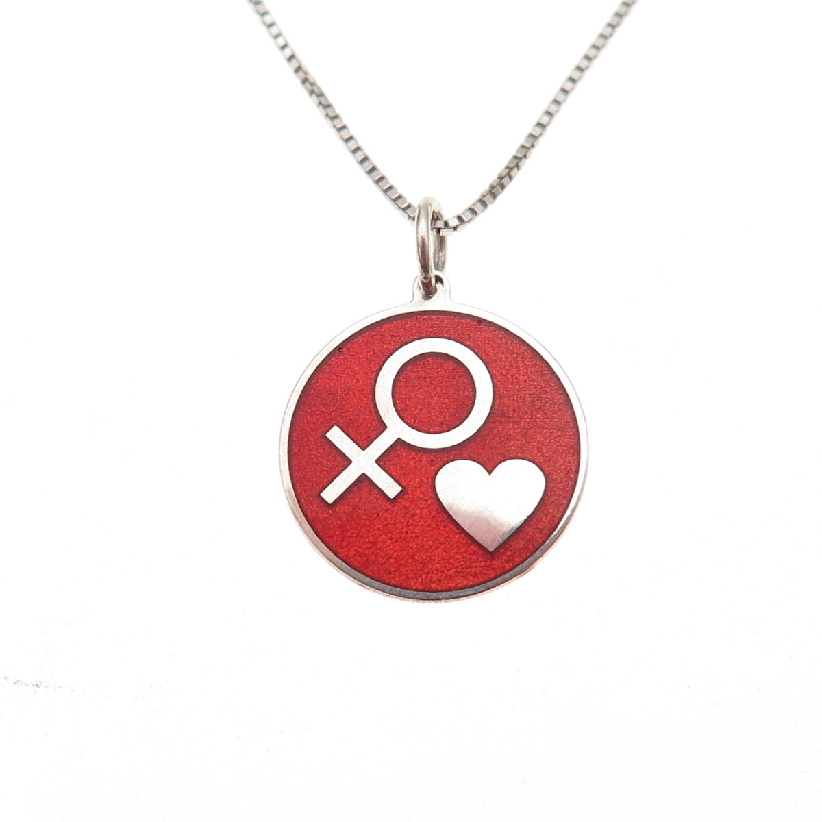925 Sterling Silver Red Enamel Female Symbol Heart Box Chain Necklace 18"