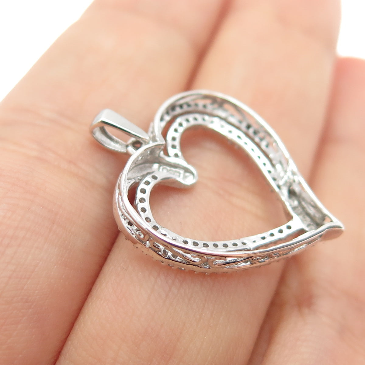 925 Sterling Silver Real Round-Cut Diamond Double Heart Charm Pendant