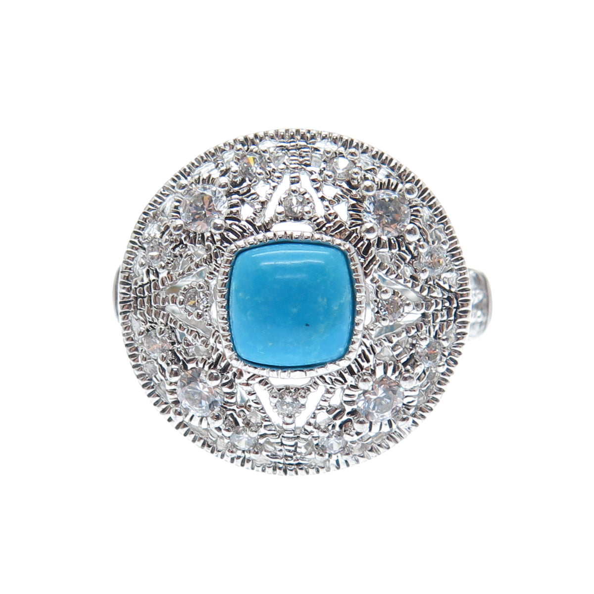 ROSS SIMONS 925 Sterling Silver Real Turquoise & Round-Cut C Z Ring Size 6.25