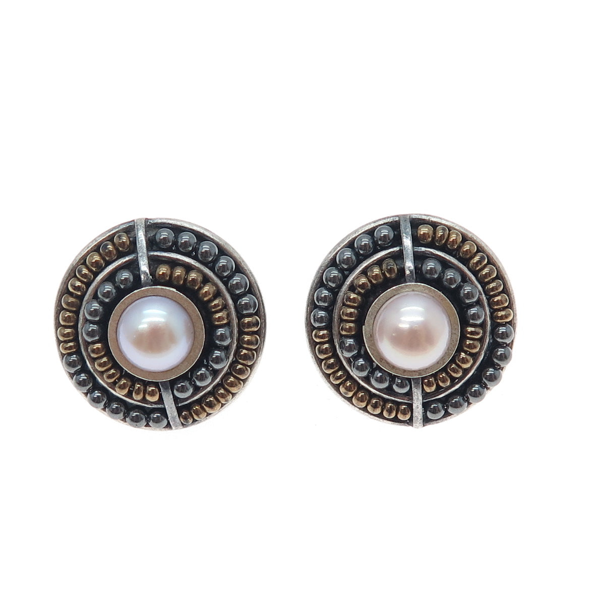 925 Sterling Silver 2-Tone Vintage Pearl Modernist Oxidized Clip On Earrings