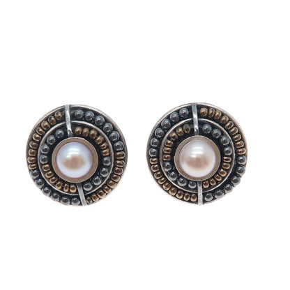 925 Sterling Silver 2-Tone Vintage Pearl Modernist Oxidized Clip On Earrings