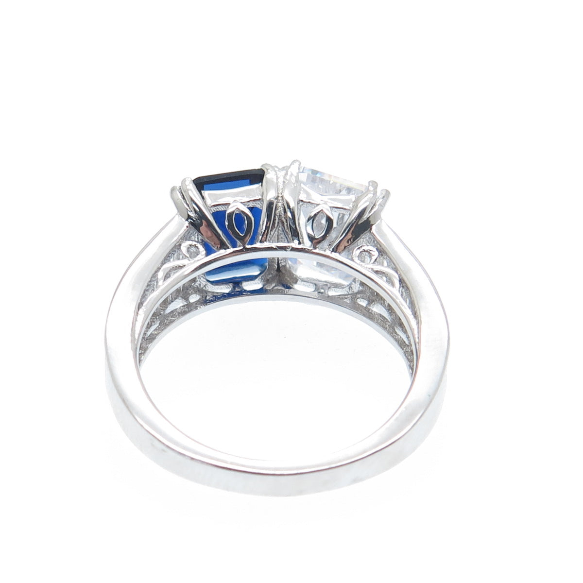 DSMK 925 Sterling Silver White & Blue Emerald-Cut Shaped C Z Ring Size 7.25