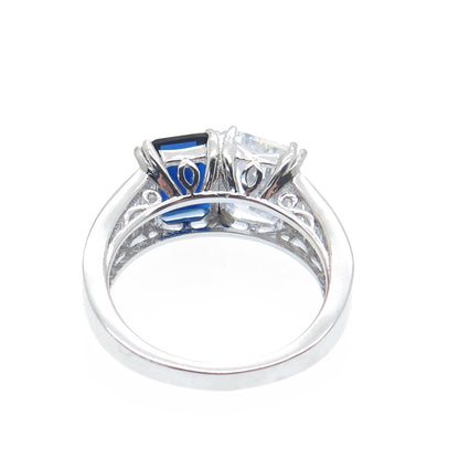 DSMK 925 Sterling Silver White & Blue Emerald-Cut Shaped C Z Ring Size 7.25